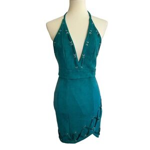 HAUTE ROGUE Halter Dress Medium Faux Suede Backless Short Asymetric Cut Green